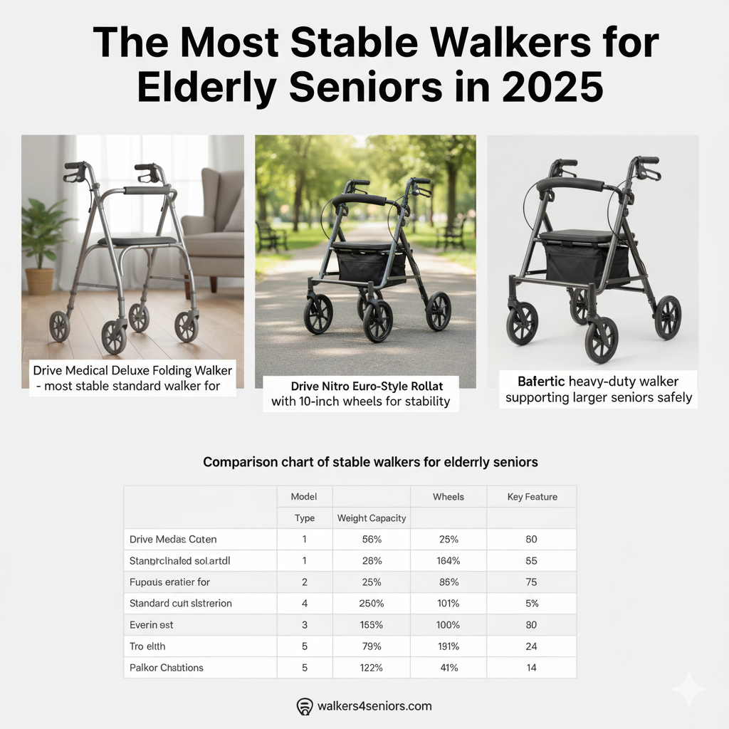 "Drive Medical Deluxe Folding Walker - most stable standard walker for seniors"
"Drive Nitro Euro-Style Rollator with 10-inch wheels for stability"
"Senior using stable two-wheeled walker for balance support"
"Comparison chart of stable walkers for elderly seniors"
"Bariatric heavy-duty walker supporting larger seniors safely"