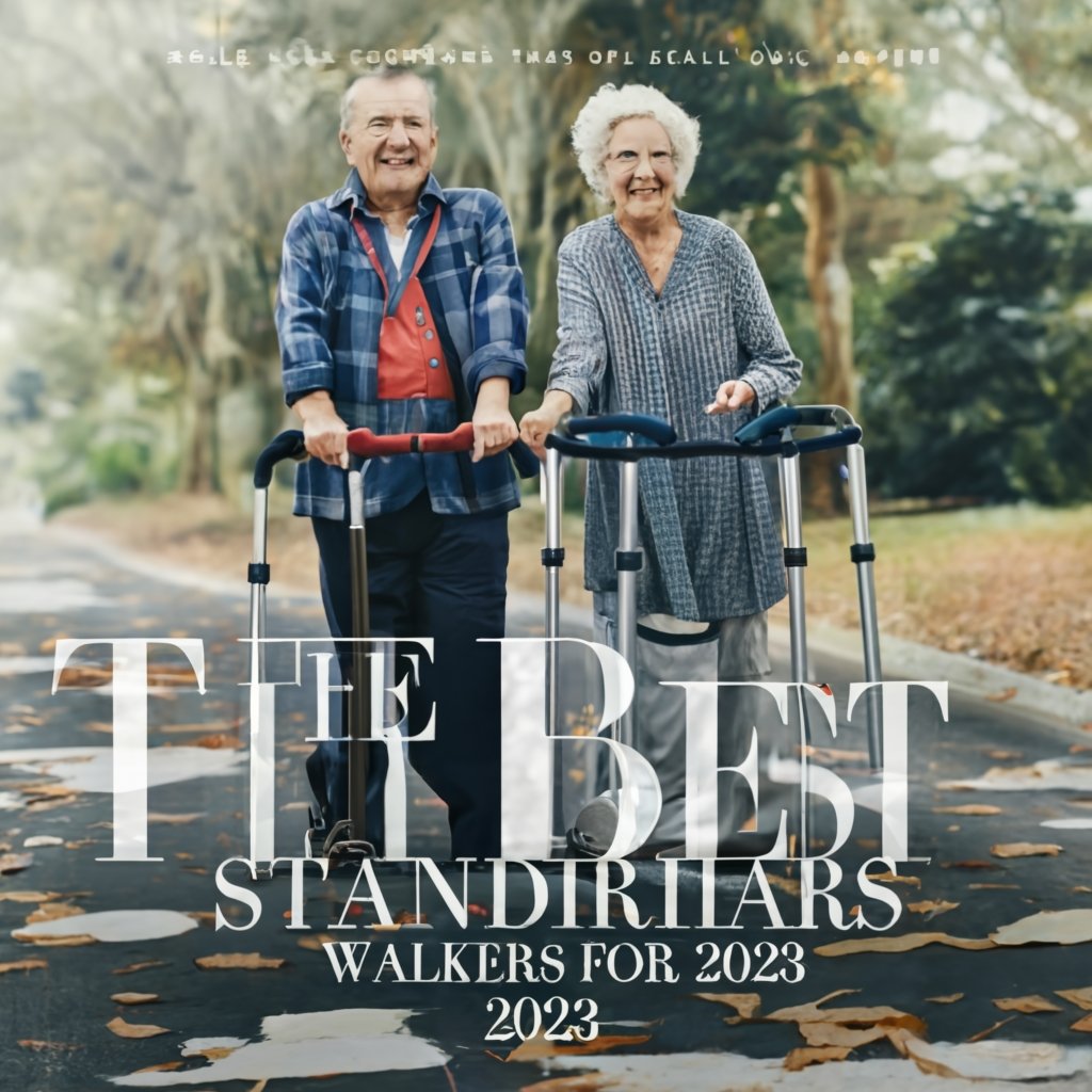 Text that says: "The 10 Best Standard Walkers for Seniors in 2023" in lovely perfect big and large font, Double exposure of the letters with elderly couple holding 2 models of walkers for seniors