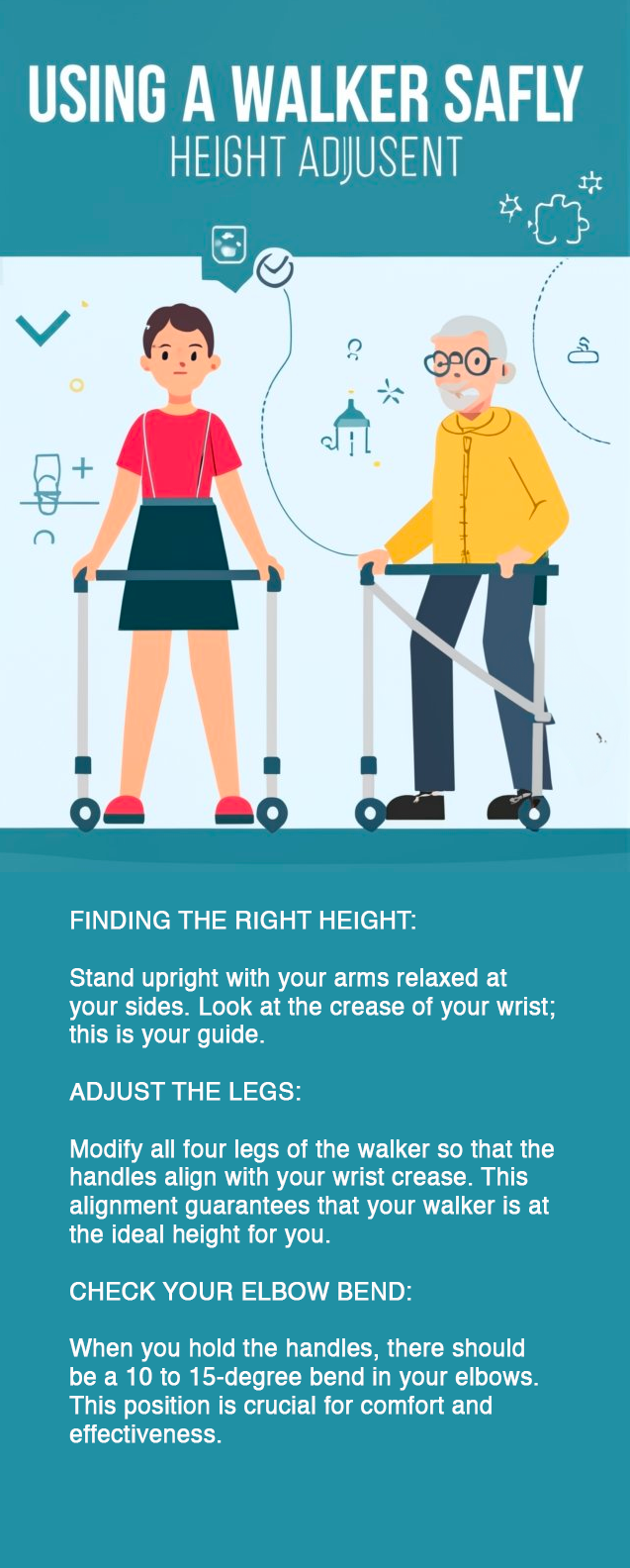 infographic for your blog post on "Mastering Mobility: How to Adjust and Use a Walker". It includes visual instructions for adjusting the height of the walker and techniques for walking with a walker, such as the Step Two Technique and the Shopping Cart Method. This design is intended to be clear and senior-friendly.