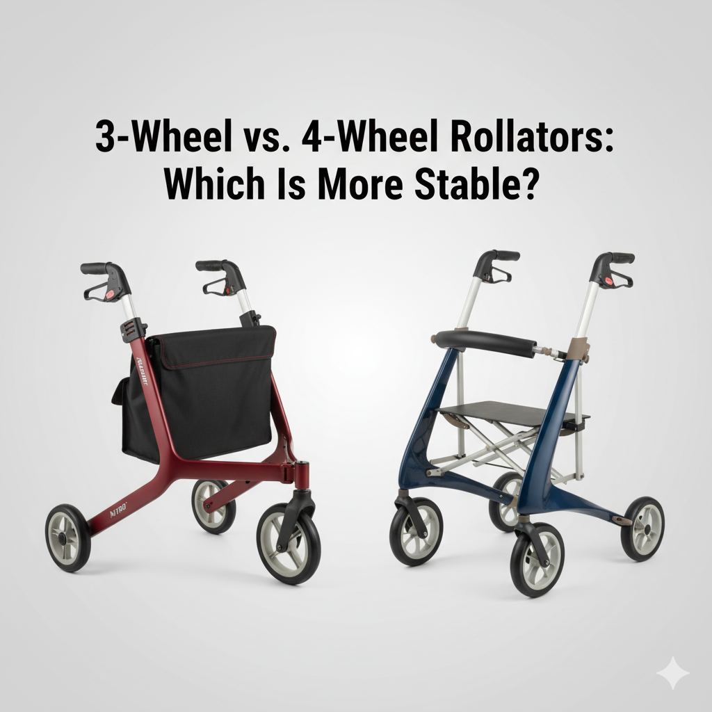 A clean, informative comparison image showing two modern rollators side by side on a neutral background. On the left, a sleek 3 wheel rollator in burgundy red displays its compact, maneuverable design with a triangular wheel configuration, while on the right, a sturdy 4 wheel rollator in navy blue showcases its wider base and rectangular frame structure. Between them, bold text reads "3-Wheel vs. 4-Wheel Rollators: Which Is More Stable?" in a professional sans-serif font. The lighting is bright and even, creating a medical catalog aesthetic that emphasizes the practical differences between the two mobility aids for senior users.