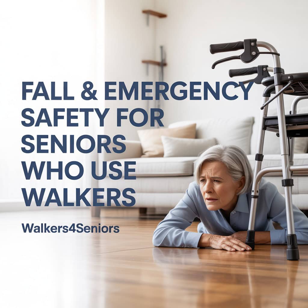 Elderly woman with walker on floor, fall prevention, senior mobility aid safety.