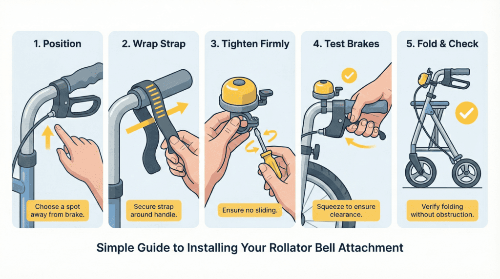 Rollator Bell Attachment: How to Choose the Right One (and Install It in 5 Minutes) 1 How to Install a Rollator Bell AttachmentPick the position: near your thumb, not touching the brake lever.Wrap the strap around the handle.Tighten firmly so it doesn’t slide when you press it.Test the brakes: squeeze and release fully.Fold your rollator (if it folds) to ensure nothing jams.