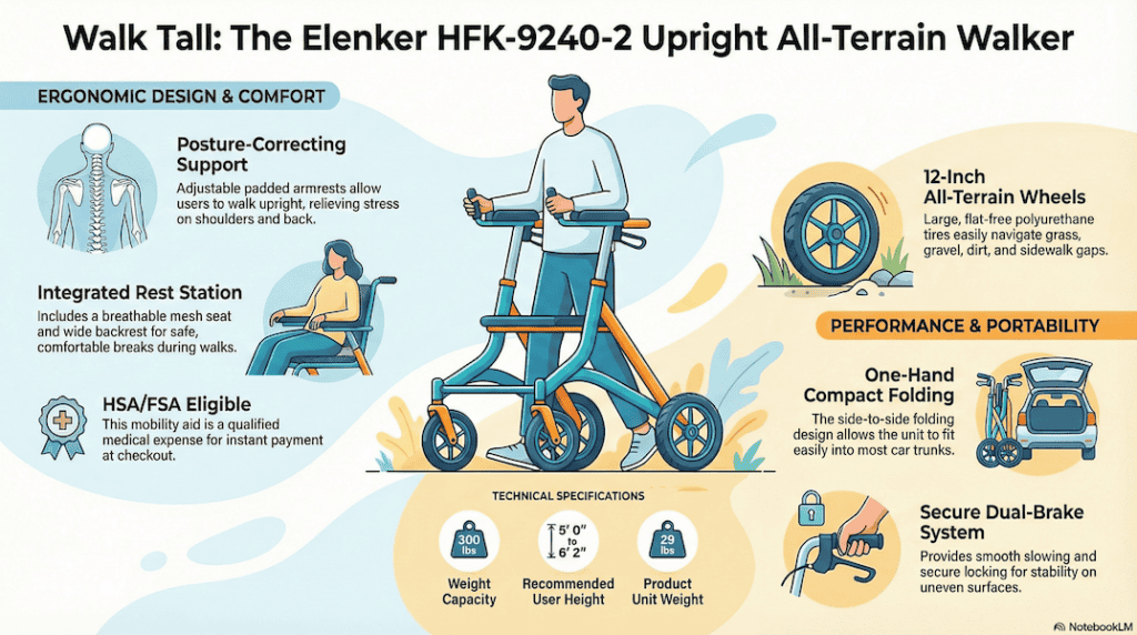 Stop Hunching: Why This 12-Inch Wheel Upright Walker is a Game-Changer for Independent Living 1 Elenker Upright Walker Product Infographic