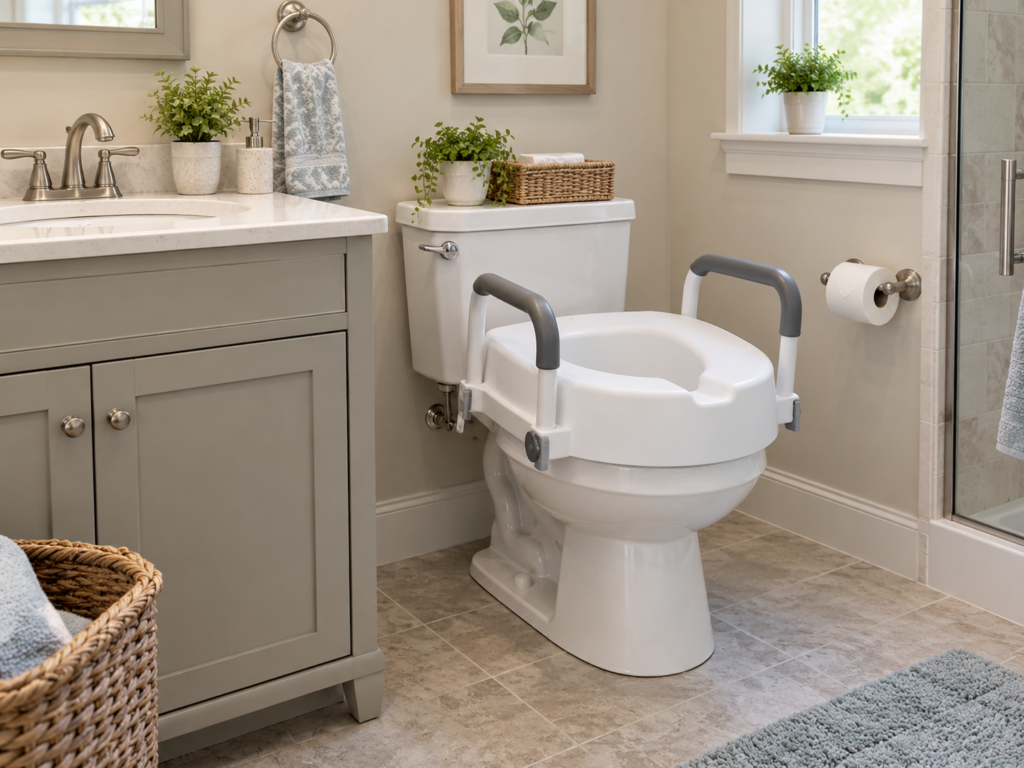 Best Raised Toilet Seats for Seniors 1 Clean home bathroom with a toilet, where a raised toilet seat can make sitting and standing easier for seniors
