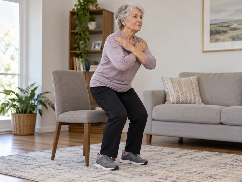 30-Second Chair Stand Test: Normal Scores by Age + Free Calculator 1 Older adult standing up from an armless chair with arms crossed, as in the 30-second chair stand test