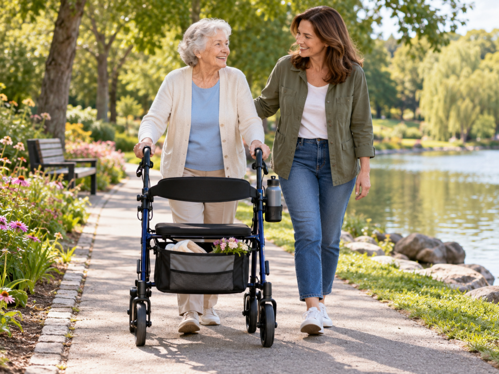 Walker Tennis Balls vs Glides: Which Is Better for Your Walker? 1 Older woman walking outdoors with a family member, illustrating walker accessories for easier walking