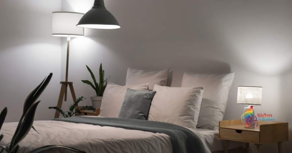 Best Bedside Commodes for Seniors: 4 Models Compared (3-in-1, Bariatric, Drop-Arm) 1 Quiet bedroom with a bed and a bedside lamp, where a bedside commode can shorten night-time toilet trips