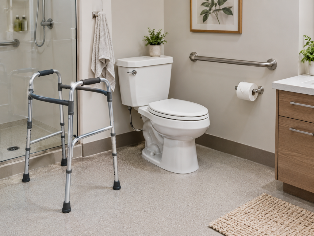 Bathroom Safety for Walker Users: Checklist, Grab Bars and Safe Tub Transfers 1 Toilet with a metal grab bar in an accessible bathroom for seniors who use a walker