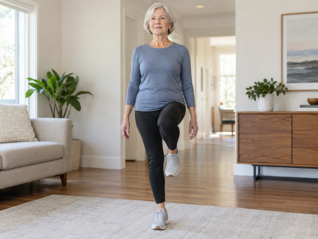Woman practicing a one-leg balance stand, the last stage of the 4-Stage Balance Test". If you prefer a photo of an older adult